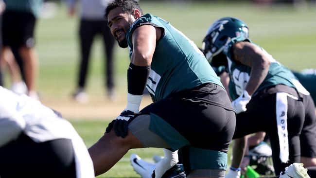 Jordan Mailata during a practice session before Super Bowl LVII.