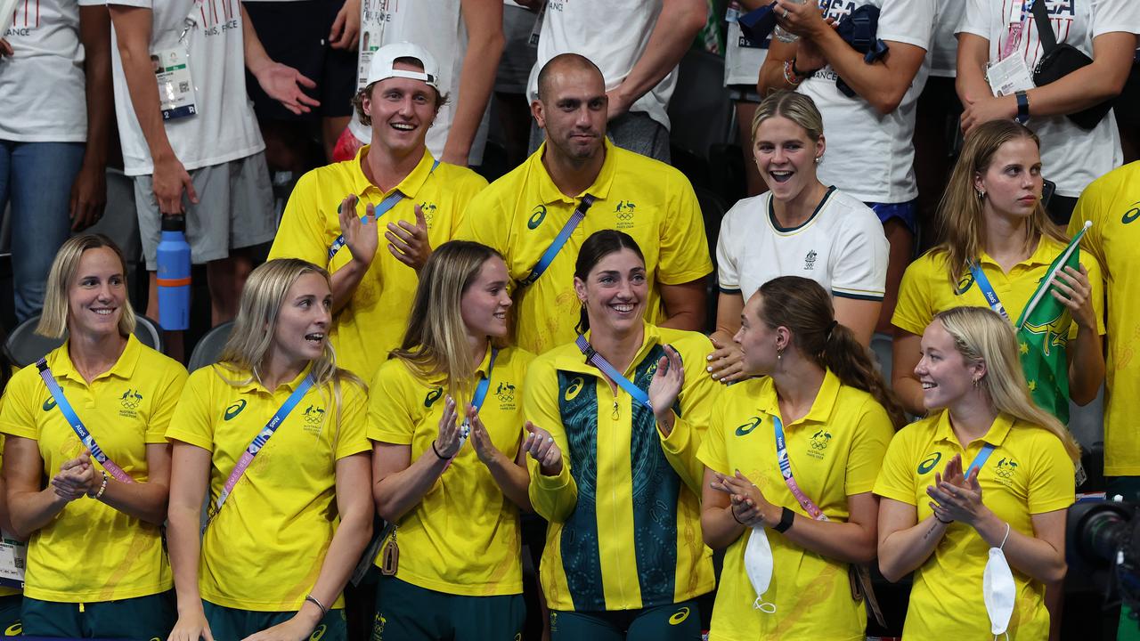 NCA. PARIS FRANCE 2024 OLYMPIC GAMES. August 4- Day 9 Australias 4x100m Womens Medley team of Kaylee McKeown, Jenna Strauch, Emma McKeon and Mollie OÃ&#149;Callaghan win silver in the Final at the Paris La Defense Arena. Meg Harris swam earlier in the heats. Pics: Adam Head