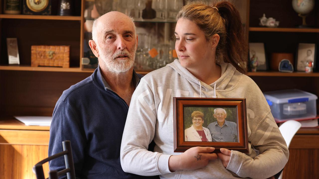 Neville Donhardt, with his daughter Hayley. His wife and her mother, Margaret, was killed in the crash on Friday near Strathalbyn, along with Neville’s mother Gwen. Picture: Russell Millard