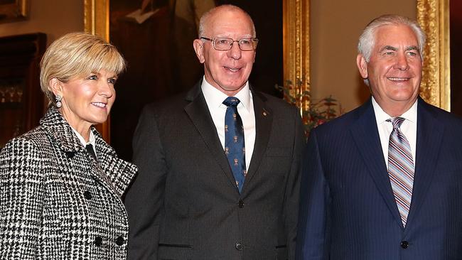 Foreign Minister Julie Bishop with US Secretary of State Rex Tillerson and the Governor of NSW, David Hurley at Government House in Sydney today. Picture: Getty