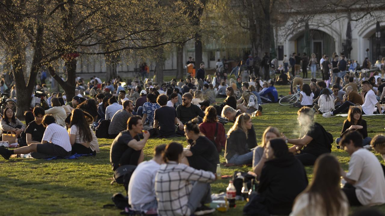 Crowds of people sit in a park in Berlin during a heatwave despite Germany’s terrifying third wave of COVID, led by the B117 variant. Picture: Getty Images