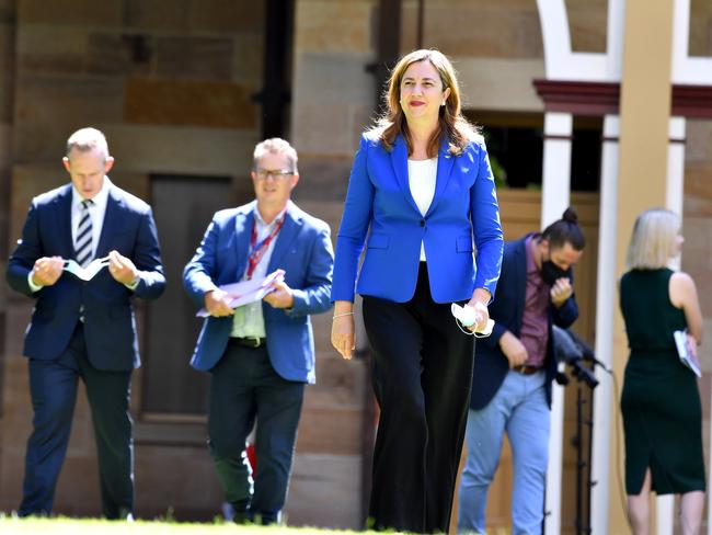 BRISBANE, AUSTRALIA - NewsWire Photos FEBRUARY 18, 2022:  Queensland Premier Annastacia Palaszczuk at a press conference on the Speakers Green in Brisbane's Parliament House.Picture: NCA NewsWire / John Gass