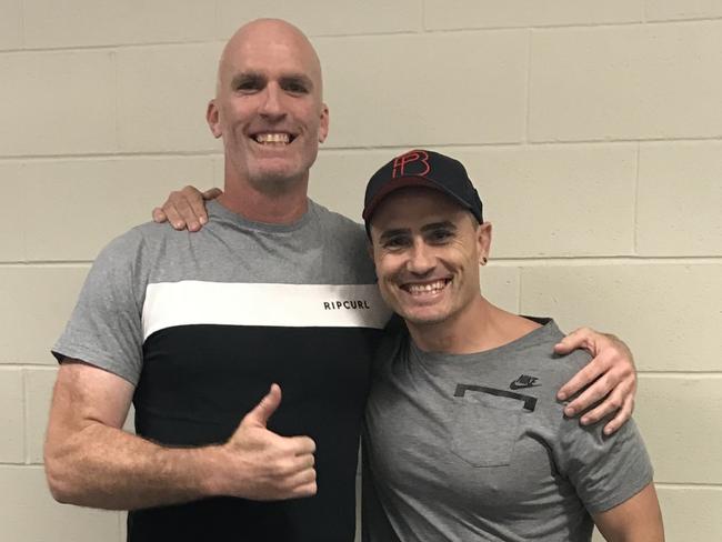 Scott Minto and PJ Marsh before taking the field with the Brisbane Broncos Old Boys.