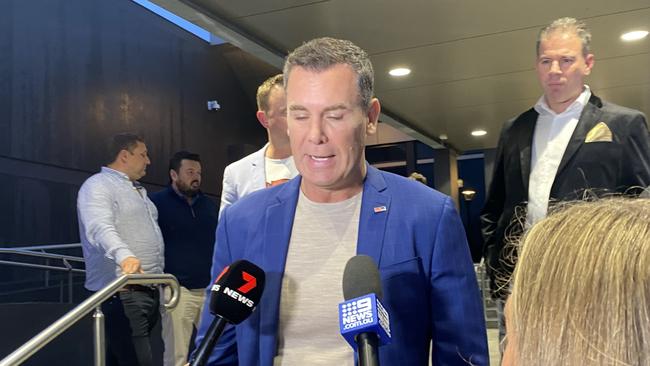 Wayne Carey fronts the media at Wagga Wagga RSL. Picture: Catie McLeod