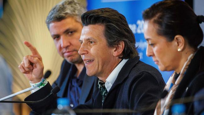Olympic Games executive director Christophe Dubi makes a point in Brisbane on Thursday. Picture: AFP