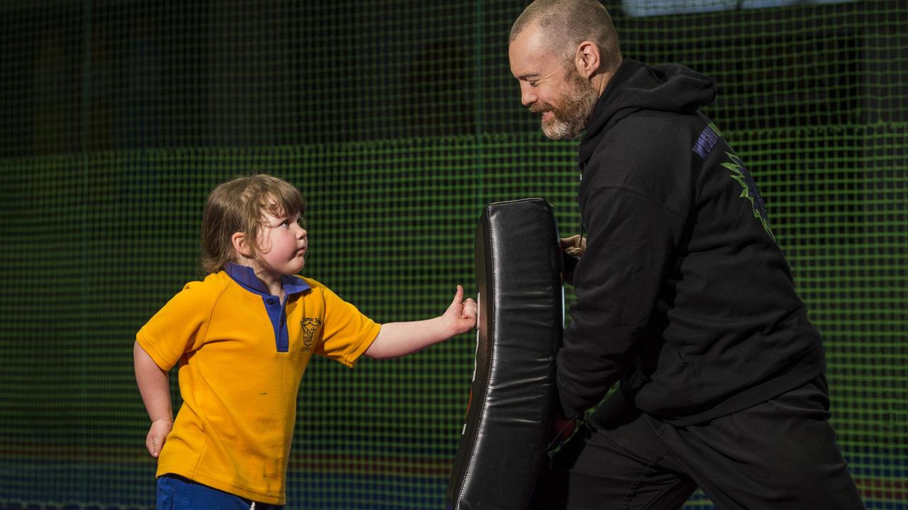 Chinese Martial Arts and Health Centre Australia Sifu Lester Walters instructs Ruby Orford during a kids’ kung fu session. Picture: Kevin Farmer