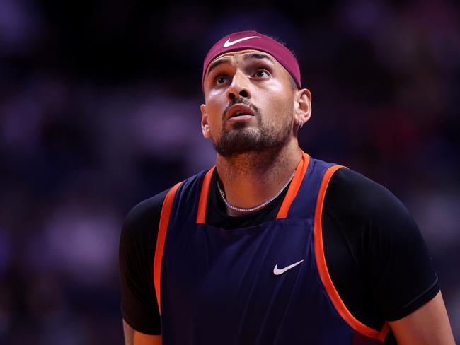 DUBAI, UNITED ARAB EMIRATES - DECEMBER 21: Nick Kyrgios of Eagles reacts in their men's singles match against Grigor Dimitrov of Falcons during day three of the World Tennis League at Coca-Cola Arena on December 21, 2022 in Dubai, United Arab Emirates. (Photo by Francois Nel/Getty Images)