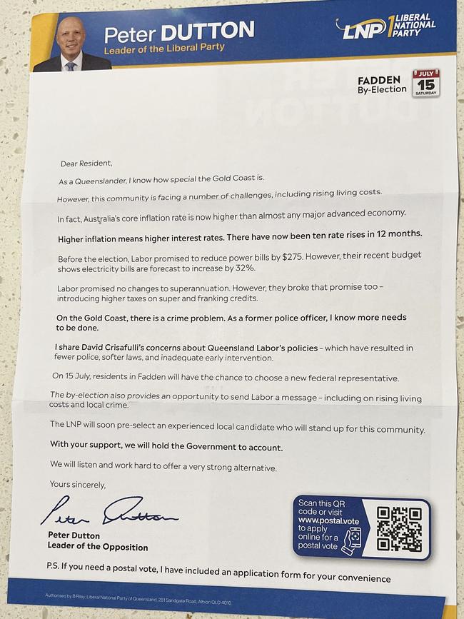 Peter Dutton’s letter to voters included in the mail-out.