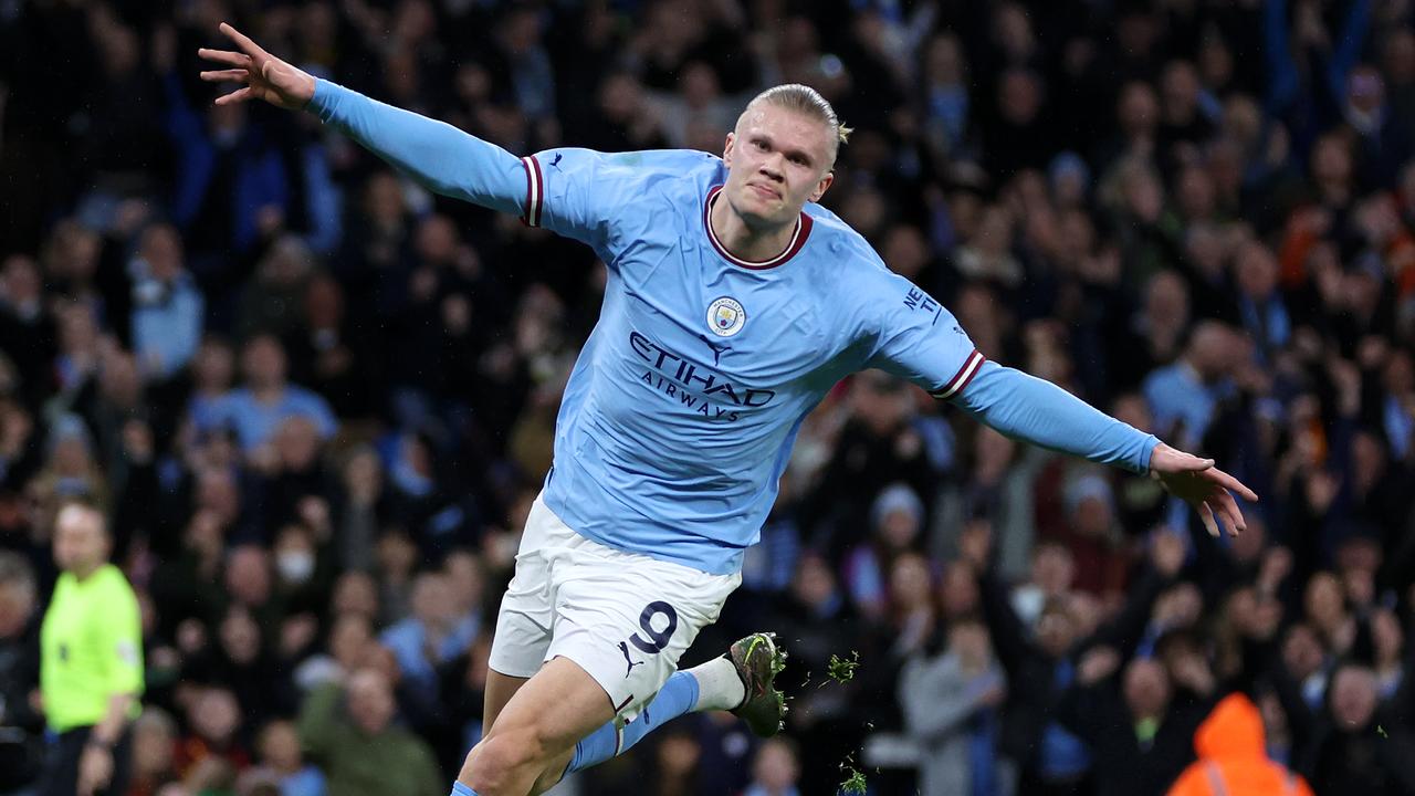 MANCHESTER, ENGLAND - MARCH 18: Erling Haaland of Manchester City celebrates after scoring the team's first goal during the Emirates FA Cup Quarter Final match between Manchester City and Burnley at Etihad Stadium on March 18, 2023 in Manchester, England. (Photo by Clive Brunskill/Getty Images)