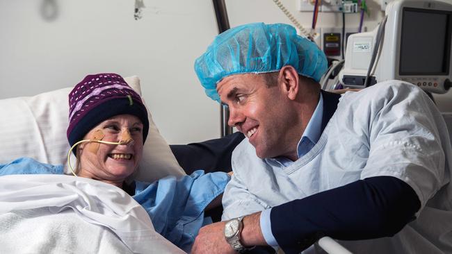 Julian Burton founder of Julian Burton Trust charity for burns victims with burns patient Katherine Brookman at the Royal Adelaide Hospital. Picture: Tom Huntley