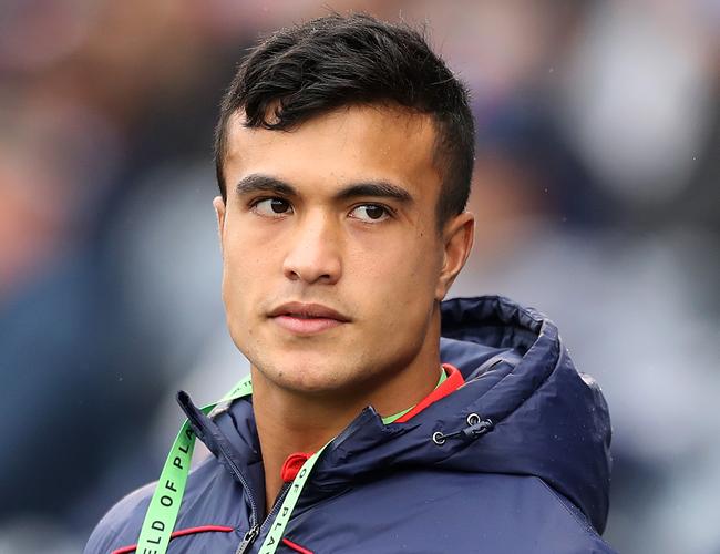 Joseph Suaalii of the Roosters looks on during the round two NRL match between the Wests Tigers and the Sydney Roosters at Campbelltown Sports Stadium (Photo by Mark Kolbe/Getty Images)