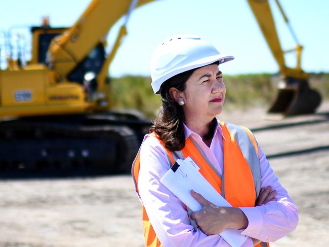 SUNSHINE COAS , AUSTRALIA - NewsWire Photos - OCTOBER 16, 2020.Queensland Premier Annastacia Palaszczuk looks on at a press conference during a visit to a construction site of new homes in Caloundra South, while on the election campaign trail. Ms Palaszczuk announced $35 million to accelerate work on the Bells Creek Arterial Road. Queenslanders go to the polls on October 31. Picture: NCA NewsWire / Dan Peled