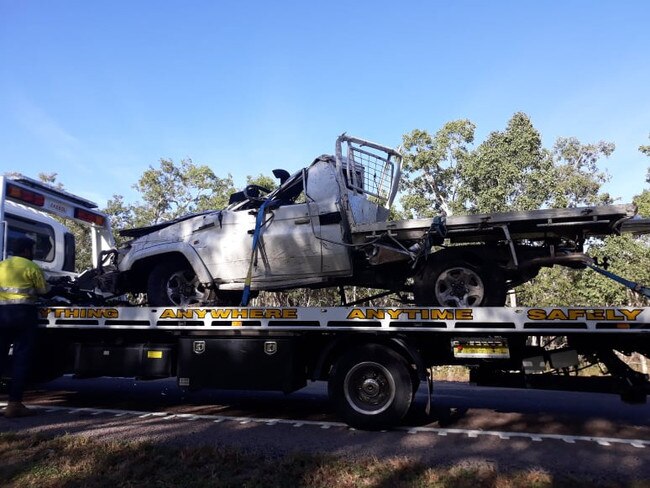 Vehicles being towed from the scene of last night's crashes at Mutarnee