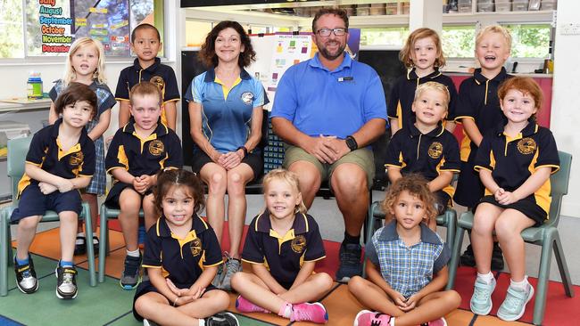 MY FIRST YEAR: Rainbow Beach Preps, Gympie. Picture: Patrick Woods.Front: Lucy Sanchez, Hazel Klekar, Coral Gage.Middle: Lucas Metropoulos, Ollie Pearce, Owen Dargusch, Tessa Coleman.Back row: Lyla Hiley-Brennan, Kai Nguyen, Finnigan Nelson, Kasey-Cruze Findlater.Teachers: Janine Lawler and Steve Bennett.Absent: Olivia Summerfield, Faith Harris.