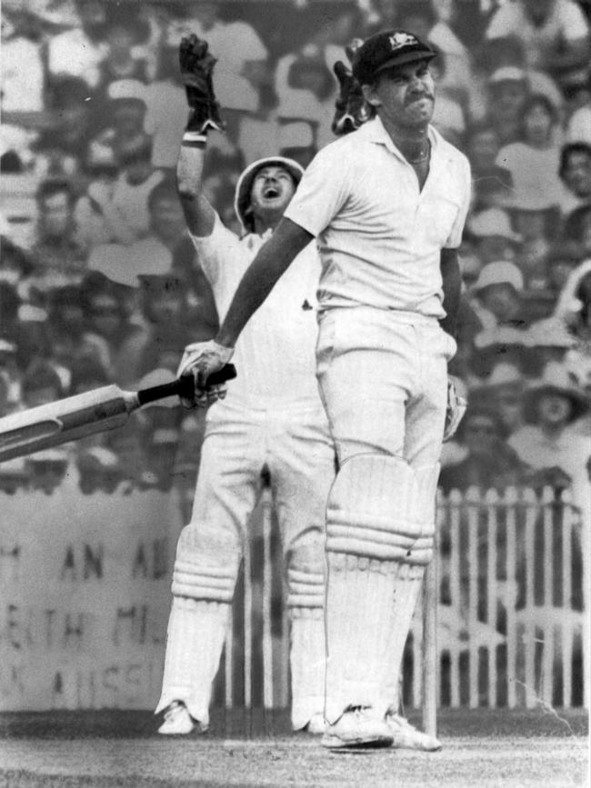 David Hookes winces as wicketkeeper Bob Taylor takes edge for him to be caught behind in 1982. Picture: Ray Titus