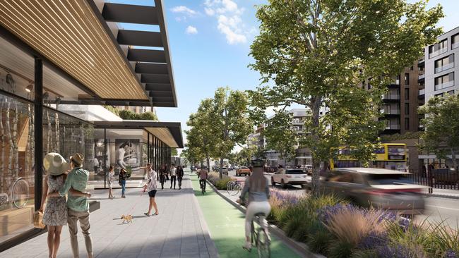 An artist's impression, contained in Northern Beaches Council's draft Brookvale Structure Plan, looking north along Pittwater Rd from the B-Line bus stop. Picture: Northern Beaches Council