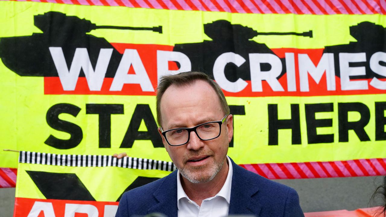 Greens Senator David Shoebridge addresses anti-war protesters outside the Land Forces event in Melbourne, rallying against the military expo and voicing concerns over Australia's involvement in the global arms trade. Picture: NewsWire / Luis Enrique Ascui