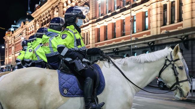 Police in Flinders St as Covid-19 anti-lockdown protestors gathered to protest MelbourneÃ&#149;s continued lockdown for another 7 days. Picture : Ian Currie