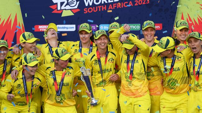 Australian players celebrate winning the final of the 2023 T20 women’s World Cup in February 2023. Picture: Mike Hewitt/Getty Images