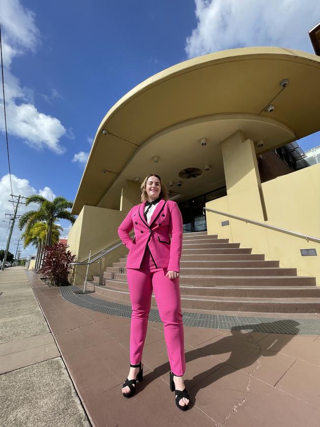 Solicitor Laura Santin in her pink suit outside Mackay Courthouse. Photo: Zoe Devenport