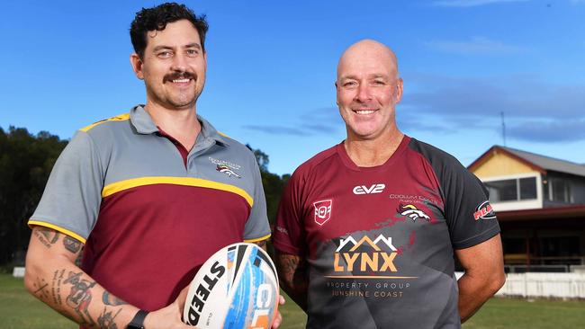 Coolum Colts rugby league club have managed to scrape together their first ever senior men's A-grade side for the 2023 season. President, Simon Kidman and head coach Matt Smith. Picture: Patrick Woods.