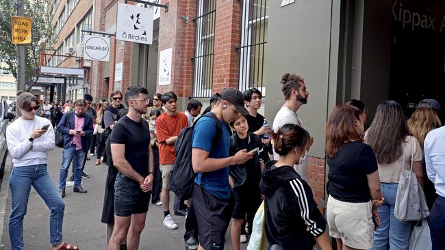 Dozens of Sydneysiders line up outside an open-for-inspection rental apartment in Surry Hills. For those battling the private rental market, times are grim. Picture: NCA NewsWire / Nicholas Eagar