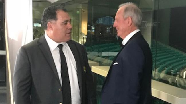 Mal Meninga and Wayne Bennett catch up at the NRL Hall of Fame function.