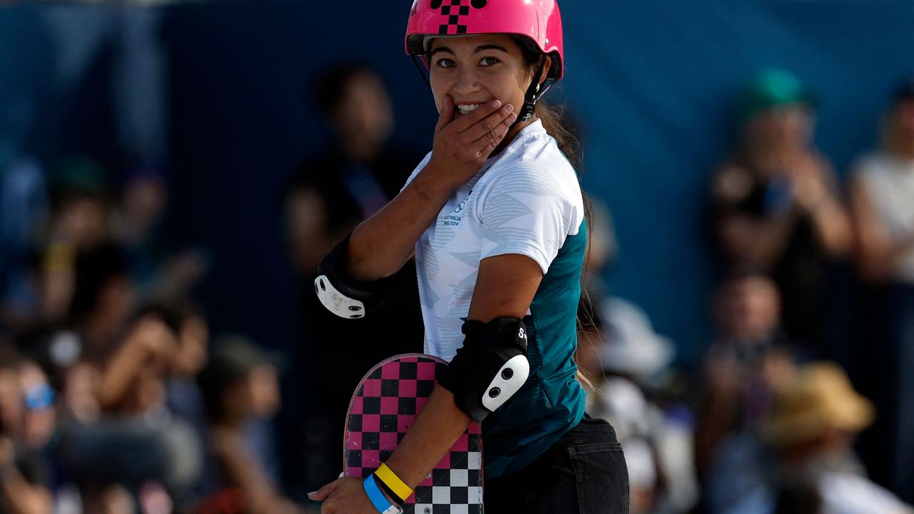 TOPSHOT - Australia's Arisa Trew reacts after a run in the women's park skateboarding final during the Paris 2024 Olympic Games at La Concorde in Paris on August 6, 2024. (Photo by Odd ANDERSEN / AFP)