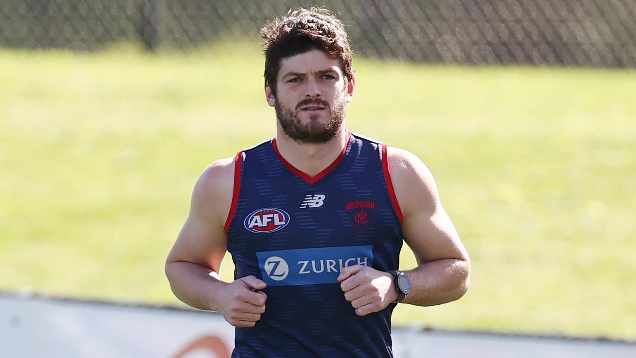 Angus Brayshaw of the Demons has a very light jog during Melbournes training session at Casey Fields, Cranbourne Photo by Michael Klein.