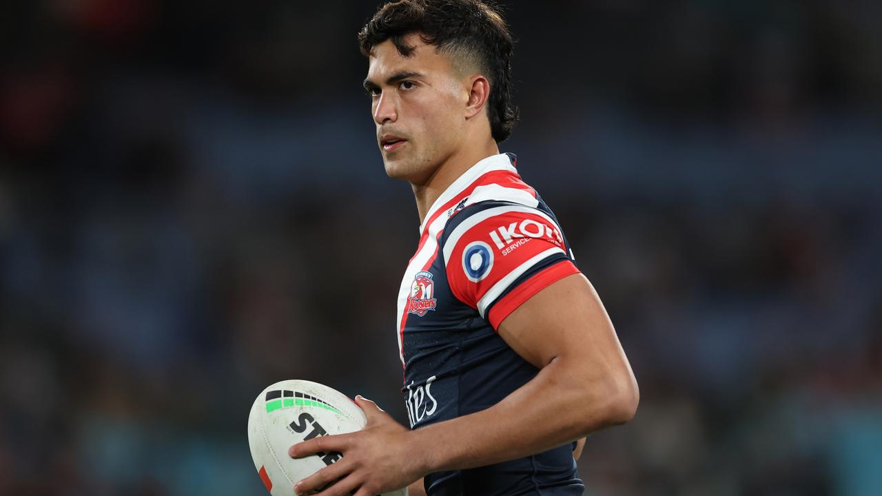 SYDNEY, AUSTRALIA - SEPTEMBER 01: Joseph Suaalii of the Roosters warms up prior to the round 27 NRL match between South Sydney Rabbitohs and Sydney Roosters at Accor Stadium on September 01, 2023 in Sydney, Australia. (Photo by Matt King/Getty Images)