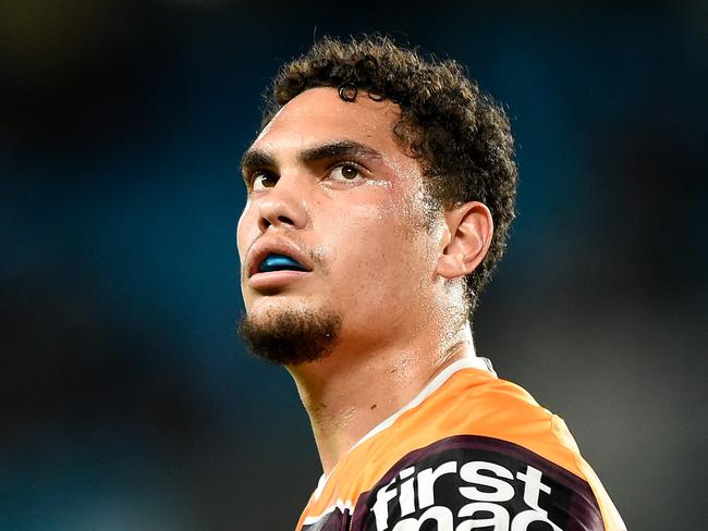 GOLD COAST, AUSTRALIA - SEPTEMBER 12: Xavier Coates of the Broncos looks on during the round 18 NRL match between the Gold Coast Titans and the Brisbane Broncos at Cbus Super Stadium on September 12, 2020 in Gold Coast, Australia. (Photo by Matt Roberts/Getty Images)