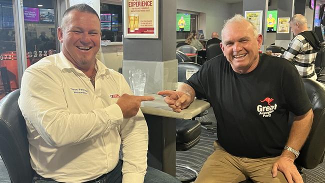 Katter’s Australian Party Dawson candidate Ciaron Paterson and Great Australian Party Dawson candidate James Jackson at the Northern Beaches Bowls Club as counting gets under way for the 2022 federal election. Picture: Tara Miko