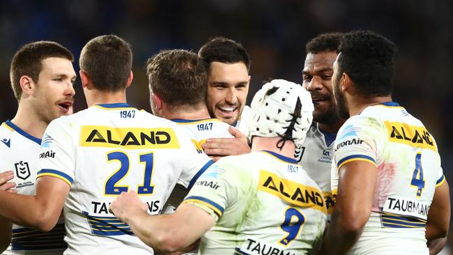 Eels celebrate a try by Reed Mahoney during the round 18 NRL match between the Gold Coast Titans and the Parramatta Eels at Cbus Super Stadium, on July 16, 2021, in Gold Coast, Australia. (Photo by Chris Hyde/Getty Images)