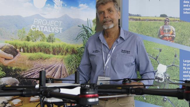 Department of Agriculture and Fisheries cane extension officer Marcus Bulstrode explains the use of drones on cane farms to apply precision weed control and improve water quality on the Great Barrier Reef. Picture: Heidi Petith.