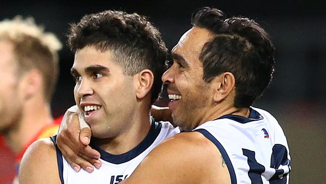 Tyson Stengle of the Crows celebrates a goal with teammate Eddie Betts during the round 17 win over the Suns. Picture: Getty Images