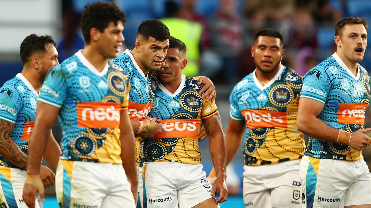 David Fifita of the Titans celebrates a try.