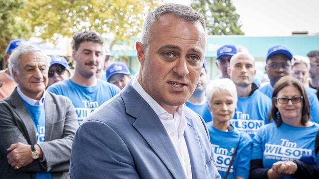 Liberal candidate Tim Wilson celebrates after defeating independent Zoe Daniel in the seat of Goldstein. Picture: Jake Nowakowski