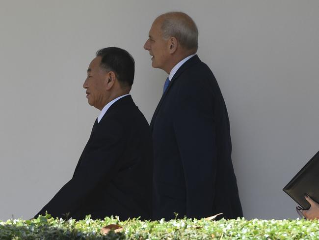 White House Chief of Staff John Kelly escorts North Korean Kim Yong-chol to the White House. Picture: AFP