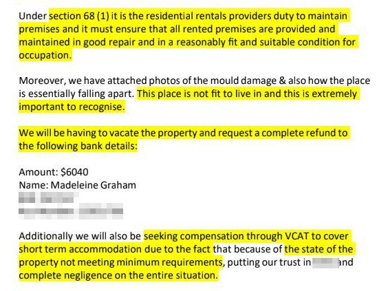 Part of the email send to the real estate informing them of the mould issues. Picture: Maddie Graham/Supplied