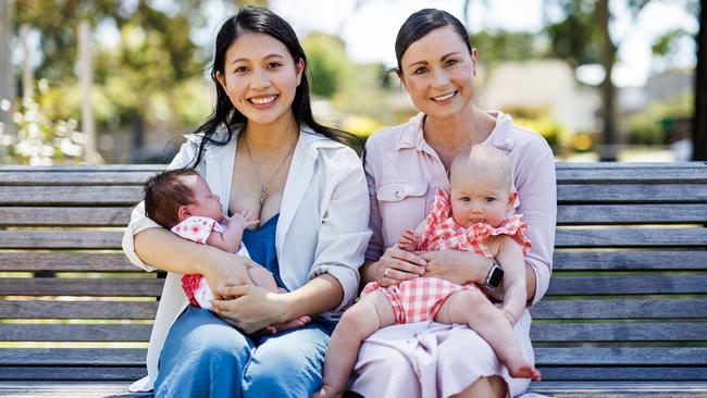 Dr Tran and Dr Ellery with their babies Kelsi (three weeks) and Edie (eight months). Picture: Aaron Francis.