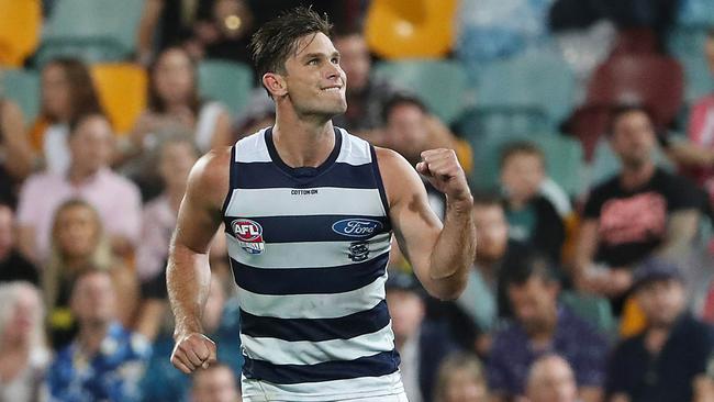 Cats Tom Hawkins kicks a goal in the 2020 Grand Final at the Gabba on October 24.