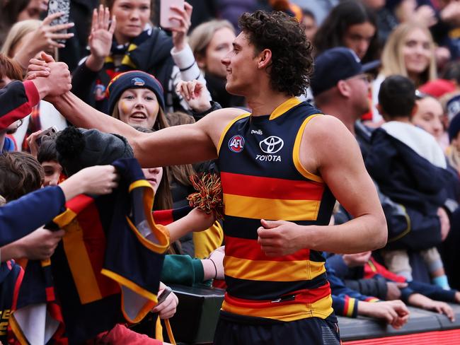 Adelaide, AUSTRALIA - AUGUST 5: James Borlase of the Crows after their win during the 2023 AFL Round 21 match between the Adelaide Crows and the Gold Coast SUNS at Adelaide Oval on August 5, 2023 in Adelaide, Australia. (Photo by James Elsby/AFL Photos via Getty Images)