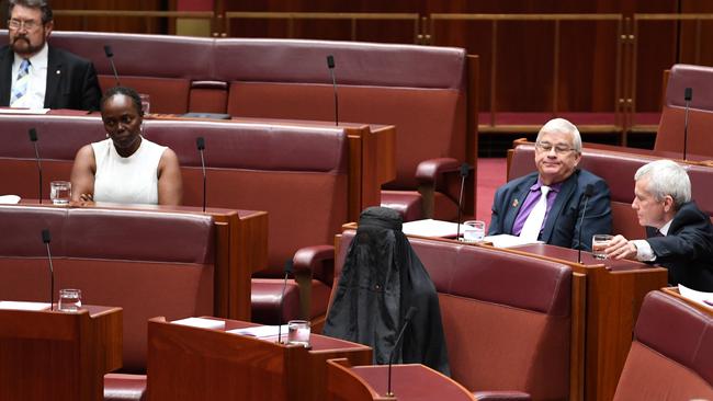 Pauline Hanson sits in Parliament wearing a burqa. Picture: AAP