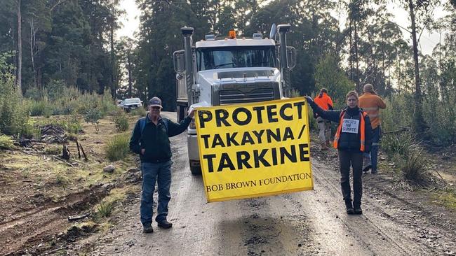 Protest action by the Bob Brown Foundation on the state’s West Coast. Picture: Supplied.