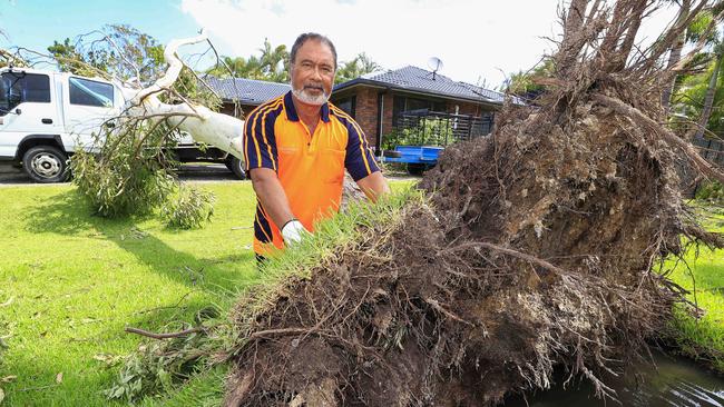 Sonny Katipa near a tree that fell onto his truck and house after Helensvale was smashed by a ferocious storm on Christmas night. Picture: Adam Head