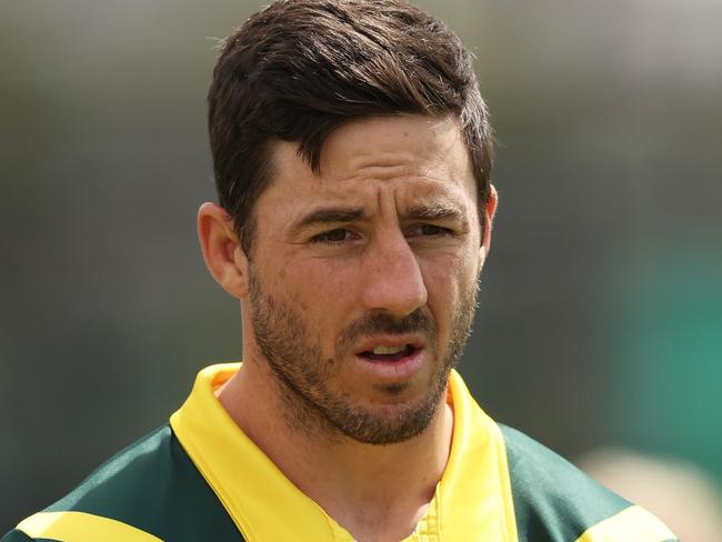 SYDNEY, AUSTRALIA - NOVEMBER 09:  Ben Hunt looks on during an Australia Kangaroos captain's run at Heffron Park on November 09, 2024 in Sydney, Australia. (Photo by Matt King/Getty Images)