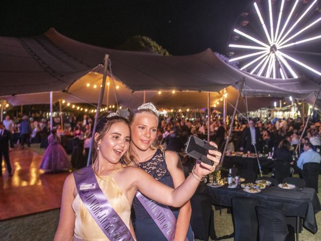 Junior candidates Maddison Yager and Jessica Redman pose for a selfie at the 2019 Caringa Ball. The ball scheduled to kickstart the 2020 Grafton Jacaranda Festival on October 30 has been postponed.