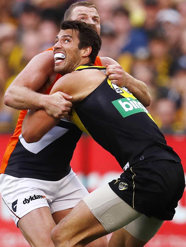 Alex Rance battles Steve Johnson. Picture: Michael Klein