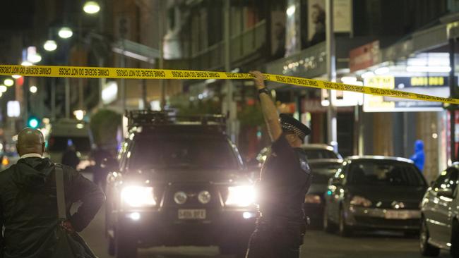 The scene in Hindley St shooting overnight. Picture: Scott Oates