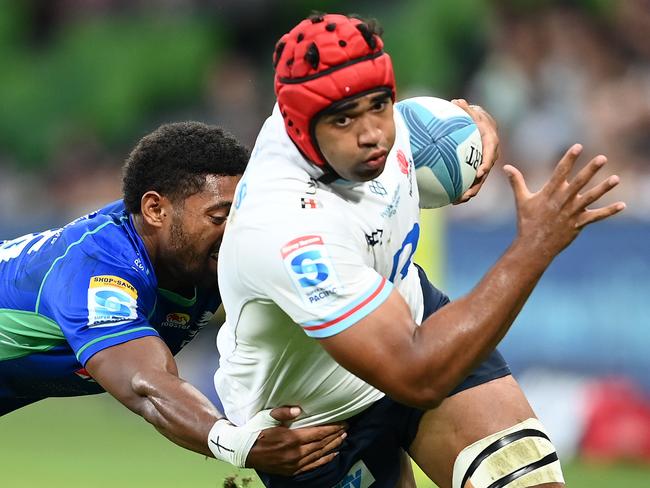 Langi Gleeson in his red headgear. Picture: Getty Images